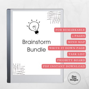 May include: A digital planner for the Remarkable tablet, featuring a lightbulb graphic and the text "Brainstorm Bundle". The planner includes 5 pages, a mind map, a write it down page, a task list, a priority board, and is available as a PDF instant download.