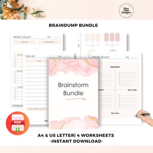 May include: A printable digital download of a pink and gold brainstorming bundle with four worksheets: Write it Down, Task List, Priority Board, and Brainstorm Bundle. The worksheets are designed for A4 and US Letter sizes.