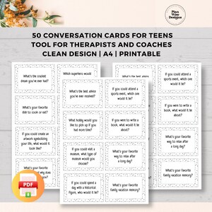 Op de afbeelding: Een set van 50 gesprekskaarten voor tieners, ontworpen voor therapeuten en coaches. De kaarten bevatten een verscheidenheid aan prompts en vragen om zinvolle gesprekken te stimuleren. De kaarten zijn gedrukt op wit papier met zwarte tekst en een gestippelde rand. De kaarten zijn gelabeld met "Clean Design | A4 | Printable" en "PDF".