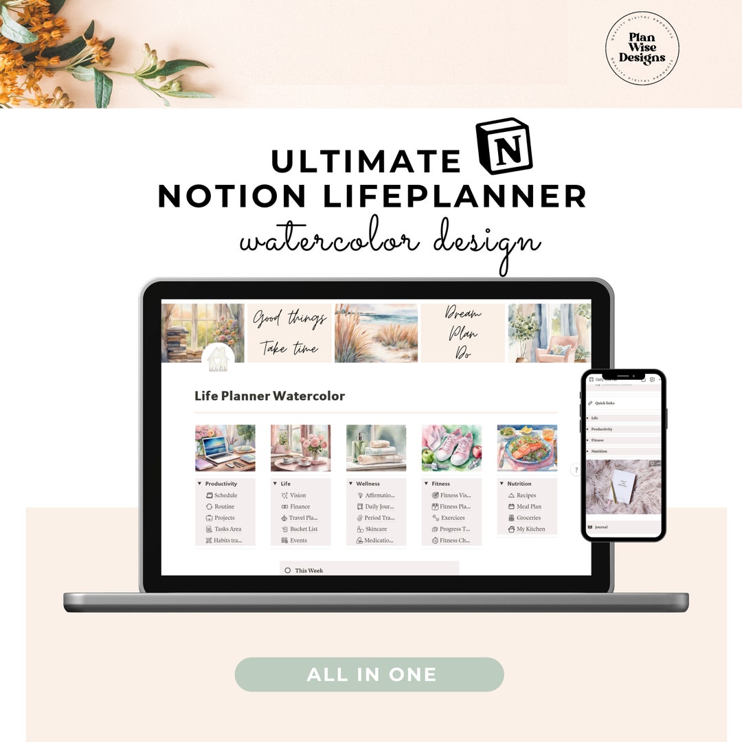 Notion Template Life Planner All in One, Watercolor Design, Ultimate ...