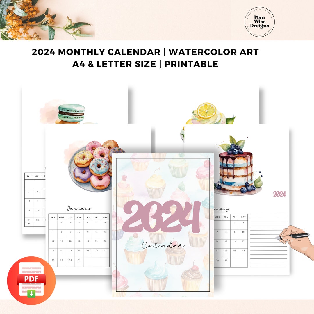 PRINTABLE 2024 Monthly Calendar Food Watercolor Illustrations in 2