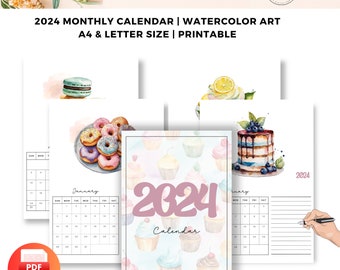PRINTABLE 2024 Monthly Calendar Food Watercolor Illustrations in 2 sizes | downloadable | Wall calendar Food Art