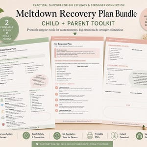 May include: A bundle of printable support tools for children and parents, designed for highly sensitive children. The "Meltdown Recovery Plan Bundle" includes a "My Calm Down Plan" and a "My Response Plan" with calming design elements. The toolkit supports big feelings and builds confidence.