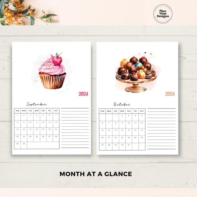PRINTABLE 2024 Monthly Calendar Food Watercolor Illustrations in 2
