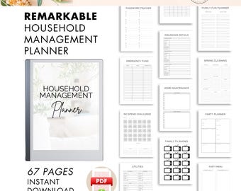 May include: A digital planner with the title "Remarkable Household Management Planner" and a cover image of a houseplant. The planner includes 67 pages and is available as an instant download in PDF format. The planner includes pages for password tracking, emergency fund, no spend challenge, insurance details, home maintenance, family fun planner, spring cleaning, party planner, family TV shows, utilities, and party menu.