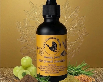 May include: A black glass dropper bottle with a yellow label reading Vel's Natural Beauty Beauty Juice Hair Growth Stimulator. The label lists ingredients including Amla Oil, Rosemary Oil, Henna Extract, Fenugreek Seed, Castor Oil, Almond Oil, Coconut Oil, Avocado Oil, Olive Oil, Neem, and Ayurvedic Herbs.