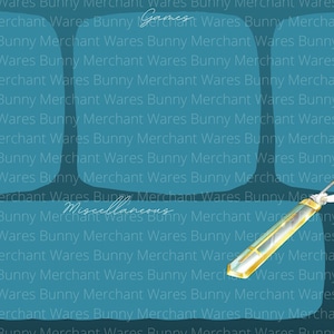 Puede incluir: Un planificador digital con tres secciones etiquetadas como "Utilidades", "Juegos" y "Archivos". El fondo es azul turquesa con un patrón de texto repetido que dice "Bunny Merchant Wares". El planificador presenta dos personajes, uno con una espada y otro con un bastón.