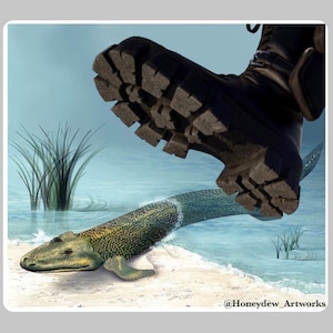 May include: A large, dark brown boot crushes a prehistoric fish with its sole. The fish is green and brown with a long, slender body. The boot is about to crush the fish's head. The background is a light blue sky with a few clouds. The fish is in shallow water with a sandy bottom. The image is a digital illustration.