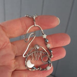 Sterling Silver Wire Gnome Necklace: Gemstone Nose, Moon & Stars