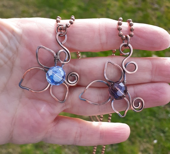 Copper Wire Flower Necklace Choice of Blue or Purple Crystal Etsy