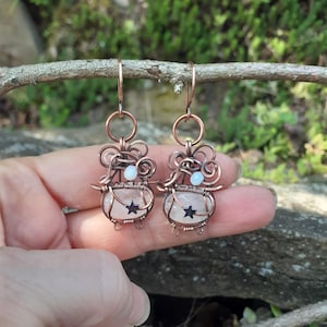 Rose Quartz Cauldron Earrings: Copper Wire Wrapped, Witchy Dangle