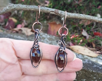 Handmade Smokey Quartz Copper Earrings, Antiqued Boho Jewelry