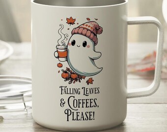 Ghost Fall geïsoleerde herfstkoffiemok 10oz, herfstkoffiemok, schattige Halloween-koffiemok met deksel, Ghost Coffee Lover-cadeau, pompoen herfstmok