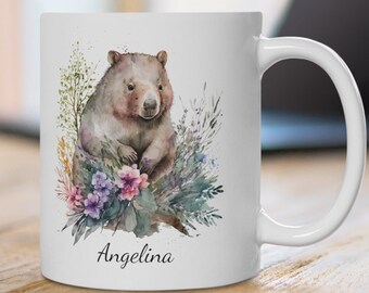Gepersonaliseerde wombatmok: wilde bloemenaquarel, Australisch natuurcadeau