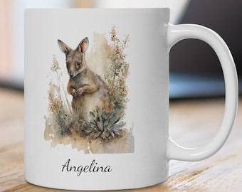 Gepersonaliseerde kangoeroemok: aquarelprint wilde bloemen, Australische dieren in het wild