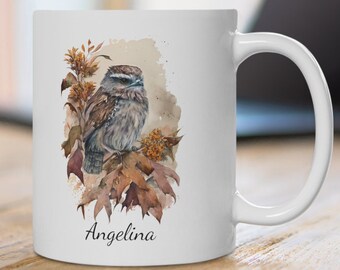 Gepersonaliseerde mok Tawny Frogmouth: koffiemok aquarel vogelkunst