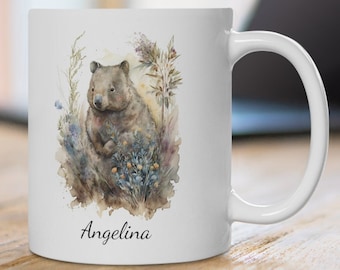 Gepersonaliseerde wombatmok: wilde bloemenaquarel, Australisch natuurcadeau
