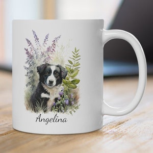 Personalized Custom Mug • Border Collie Mug • Puppy Mugs • Wildflowers Watercolor Print • Coffee Mugs • Dog Lovers Gifts • Housewarming Gift