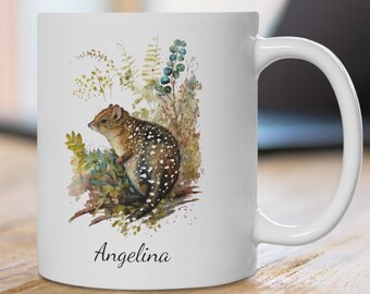 Gepersonaliseerde mok met gevlekte staart: wilde bloemenwaterverf, Australische dieren in het wild
