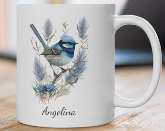 Gepersonaliseerde aangepaste mok • Prachtige Fairywren • Aquarelprint • Koffiemokken • Vogelliefhebbers cadeau • Blauwe Fairywren • Moederdagcadeaus voor haar