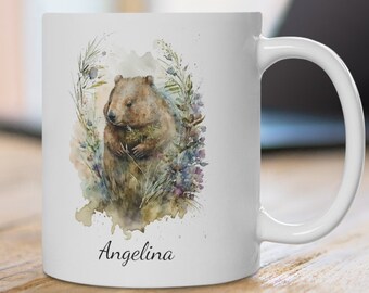 Gepersonaliseerde wombatmok: aquarel wilde bloemen, cadeau Australisch wild