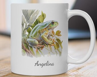Gepersonaliseerde mok groene boomkikker: aquarel regenwoud decor