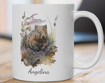 Gepersonaliseerde wombatmok: wilde bloemenaquarel, Australisch natuurcadeau