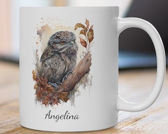 Gepersonaliseerde mok Tawny Frogmouth: koffiemok aquarel vogelkunst