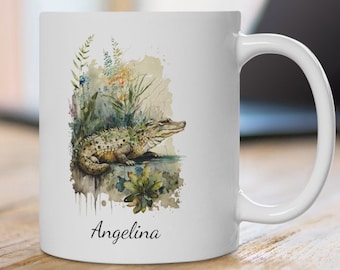 Gepersonaliseerde krokodillenmok: aquarel reptielenkunst, tropisch decor