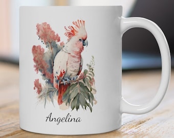 Gepersonaliseerde roze kaketoemok: aquarel wilde bloemen, cadeau vogelliefhebber