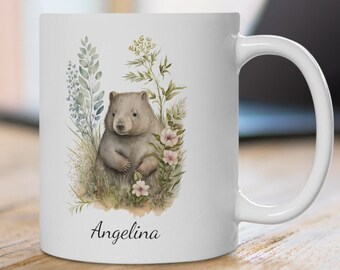 Gepersonaliseerde wombatmok: aquarel wilde bloemen, cadeau Australisch wild