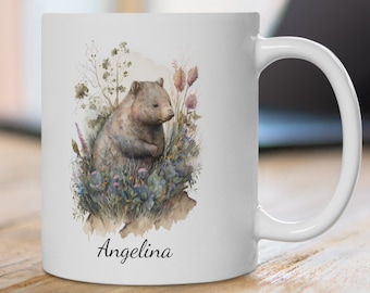 Gepersonaliseerde wombatmok: wilde bloemenaquarel, Australisch natuurcadeau