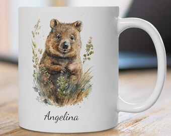 Gepersonaliseerde Quokka-mok: wilde bloemenaquarel, Australisch natuurcadeau