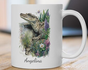 Gepersonaliseerde krokodillenmok: aquarel reptielenkunst, tropisch decor