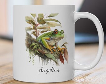 Gepersonaliseerde mok groene boomkikker: aquarel regenwoud decor