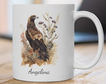 Gepersonaliseerde adelaarmok: aquarel vogelkunst, cadeau koffieliefhebber