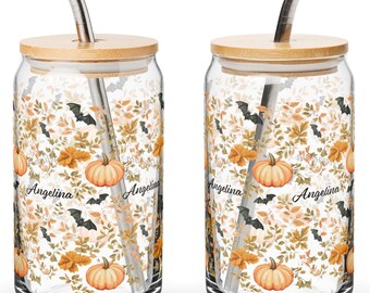 Gepersonaliseerde Halloween-pompoenen herfst herfst vleermuizen glazen beker met rietje en bamboe deksel, pompoenglas, herfst koffiemok cadeau, milieuvriendelijk