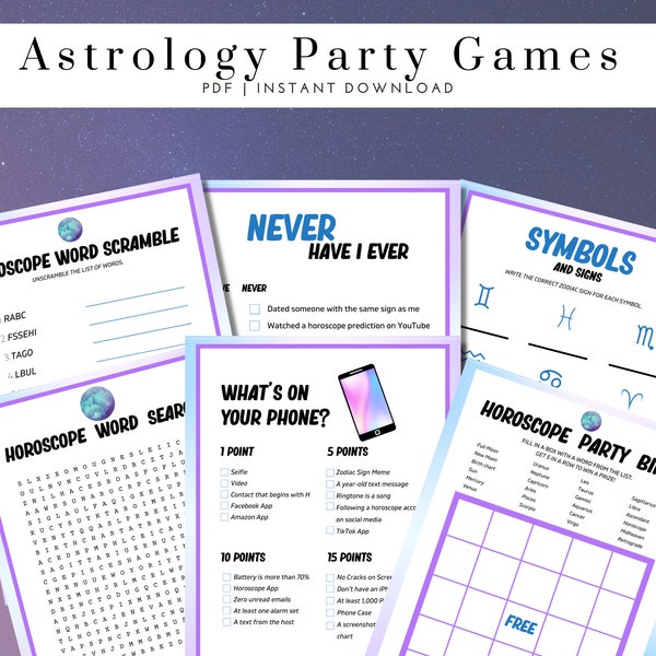 Horoscope Party Game Bundle, Printable Zodiac Party Games, Astrology Game Bundle, 11 Game Included