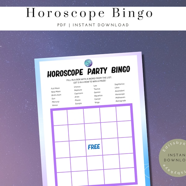 Horoscope Bingo Party Game, Printable Zodiac Party Games, Astrology Game