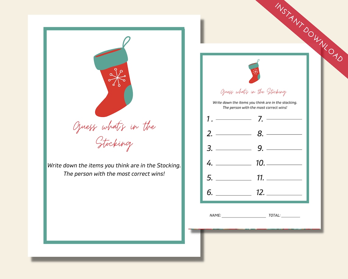 Guess Whats in the Stocking Christmas Party Game, Printable Holiday Party Game, Christmas