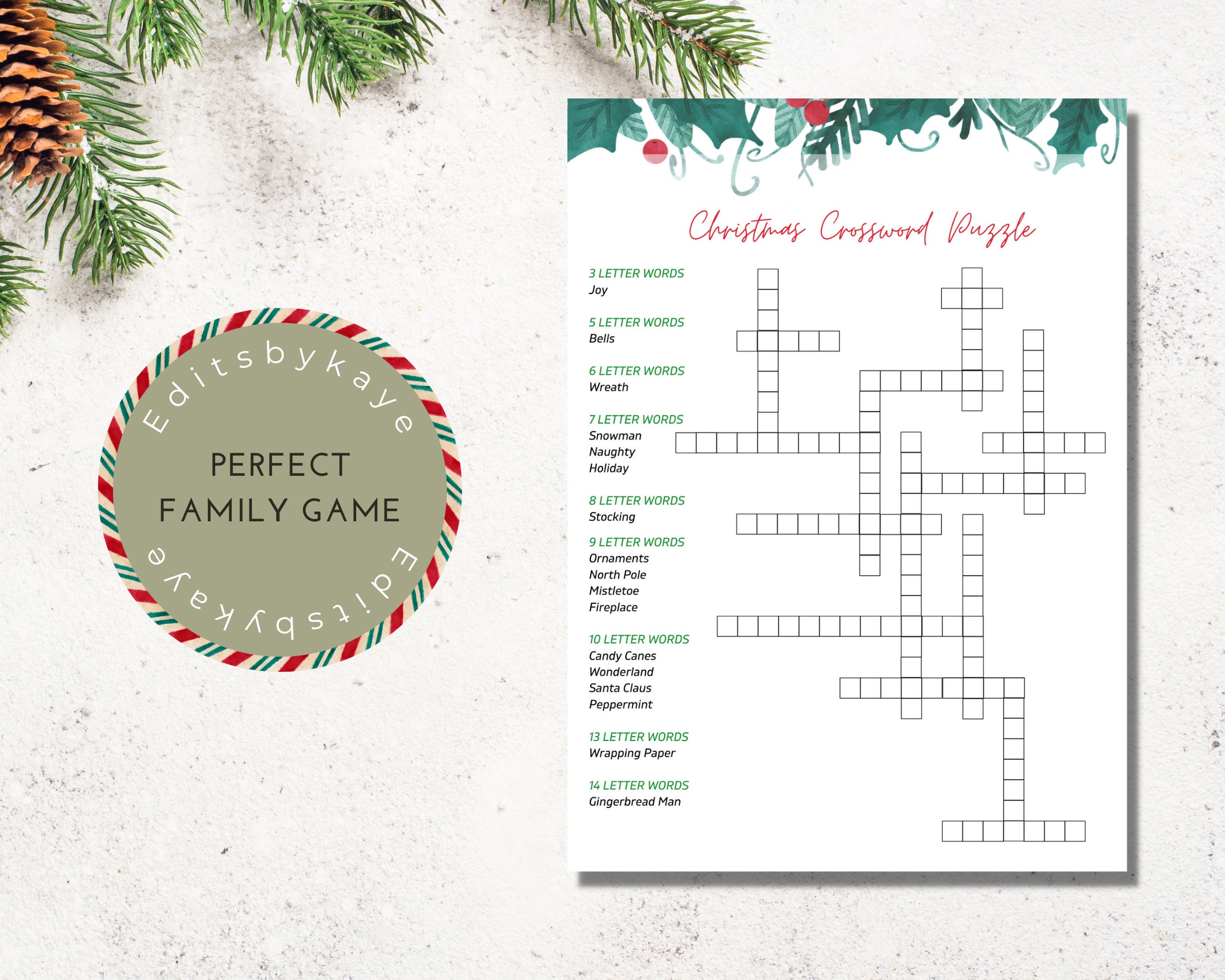 Christmas Crossword Puzzle Party Game, Printable Holiday Party Game