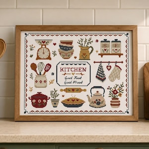 Retro Farmhouse Kitchen Cross Stitch Pattern: Vintage Baking Kitchenware (PDF Pattern)