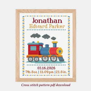 Train Baby Birth Announcement Cross Stitch Pattern: Personalized Nursery Decor (PDF)