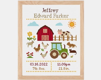 Barn, Cow, Tractor Baby Birth Announcement Cross Stitch Pattern | Farm Nursery Decor (PDF Download)
