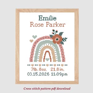 Rainbow Baby Birth Announcement with Stats Cross Stitch Pattern (PDF Download Chart) Nursery Decor