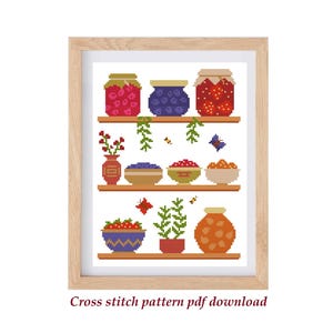 Fruit Jam Jars on Shelves Cross Stitch Pattern: Kitchen Decor (PDF Download)