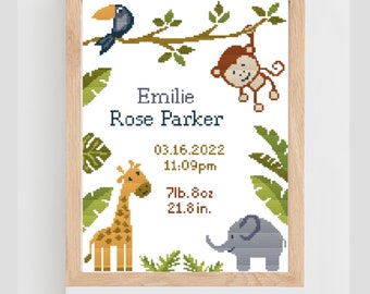 African Safari Baby Birth Announcement Cross Stitch Pattern: Jungle Animals (PDF Pattern)