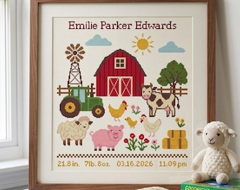 May include: A framed cross-stitch sampler featuring a farm scene with a red barn, green tractor, windmill, and various animals including a cow, pig, sheep, and chickens. The text reads Emilie Parker Edwards, 21.8 in., 7lb. 8oz., 03.16.2026, 11:09 pm.