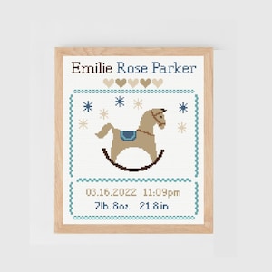 Geteld kruissteekpatroon geboortekaartje baby meisje jongen | hobbelpaard sampler kruissteek pdf-kaart gepersonaliseerde kinder xstitch