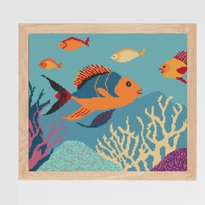 Ocean fish sea animals swimming counted cross stitch pattern chart | underwater coral reef x-stitch digital download crossstitch pdf chart